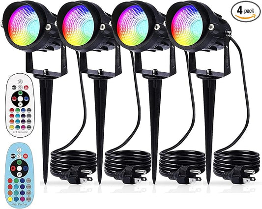 Halloween Landscape Lights with Remote Control 120V Landscape Lighting 12W RGBW Outdoor LED Spotlights Color Changing LED RGB Flood Spot Lights for Yard Garden Path Patio Tree Decorative