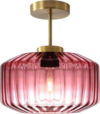 Art Deco Purple Ceiling Light Glass Semi-Flush Mount with Gold Finish, Bedroom Light Fixtures for Bathroom Living Room Entryway Closet Light