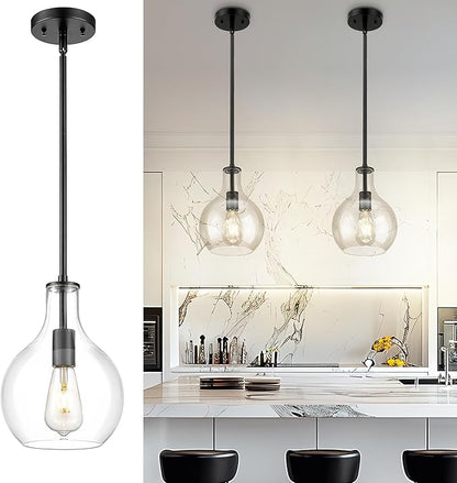 Emak 8 Inch Pendant Lights Kitchen Island, Modern Black Pendant Light with Clear Glass Shade, Farmhouse Hanging Light Fixture for Kitchen, Bathroom, Hallway, Dining Room, PL125-BK
