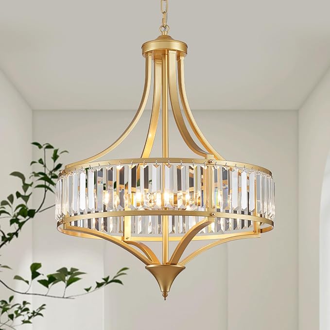 XINGQI Modern 6-Light Gold Crystal Chandelier 21.6" Farmhouse Large Round Pendant Lightting Fixture for Dining Room Living Room Kitchen Island Bedroom