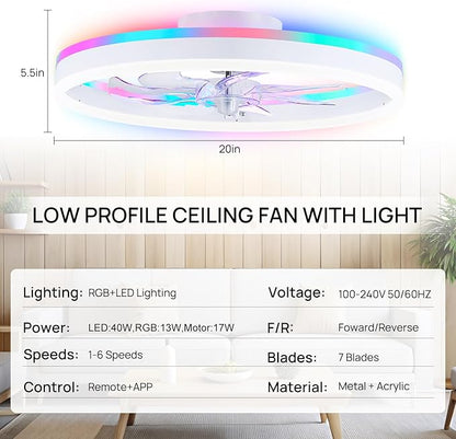 RGB Ceiling Fans with Lights, 20" Fandelier Low Profile Ceiling Fan with Light, Modern Flush Mount Ceiling Fan Light with Remote/APP Control, Bedroom Chandelier Fan Fixture for Indoor(White)