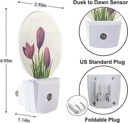 Tulip Night Light Purple Flower Tulips Floral LED Dusk to Dawn Plug-in Nightlight Auto Sensor for Bedroom Bathroom Hallway Living Room