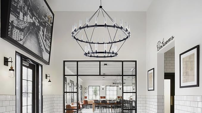 70 Inch Black Wagon Wheel Chandelier 2 Tier with Glass Shade, 36 Lights, Modern Farmhouse Style, Ideal for Dining Room, Kitchen, Entryways