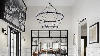 70 Inch Black Wagon Wheel Chandelier 2 Tier with Glass Shade, 36 Lights, Modern Farmhouse Style, Ideal for Dining Room, Kitchen, Entryways
