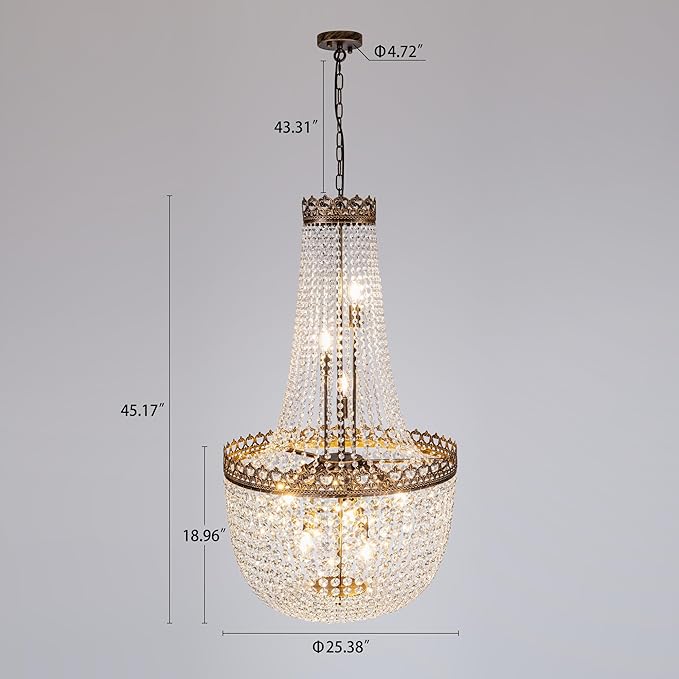 Wellmet Crystal Chandelier Lights, 12 Lights French Empire Chandelier Lighting High Ceiling Hanging Pendant Light Fixture for Dining Living Room Foyer Kitchen Bedroom, Antique Bronze 25.38'' W