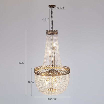 Wellmet Crystal Chandelier Lights, 12 Lights French Empire Chandelier Lighting High Ceiling Hanging Pendant Light Fixture for Dining Living Room Foyer Kitchen Bedroom, Antique Bronze 25.38'' W
