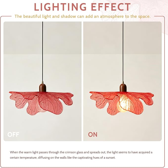 Red Leaf Glass Pendant Light Fixture, Modern Flower Hanging Ceiling Lamp with Wood Accent, Mid Century Floral Pendant Lighting for Kitchen Island Dining Room Living Room Bedroom