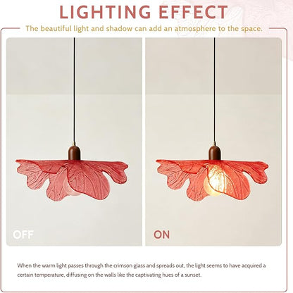 Red Leaf Glass Pendant Light Fixture, Modern Flower Hanging Ceiling Lamp with Wood Accent, Mid Century Floral Pendant Lighting for Kitchen Island Dining Room Living Room Bedroom