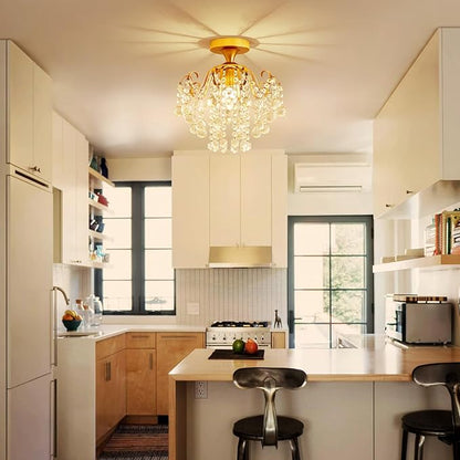 WUZUPS Crystal Chandelier Flushmount Ceiling Light Modern Lighting Fixture for Bedroom Hallway Bar Kitchen Bathroom, H 13.4" x W 12.6", E26 Base, Gold