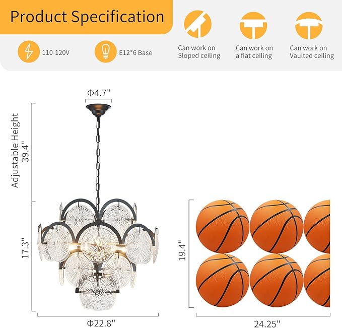 WUZUPS 6-Light Round Crystal Chandelier Pendant Ceiling Light Modern Lighting Fixture for Bedroom Hallway Bar Kitchen Bathroom, H 17.3" W 22.8", E12 Base, Black
