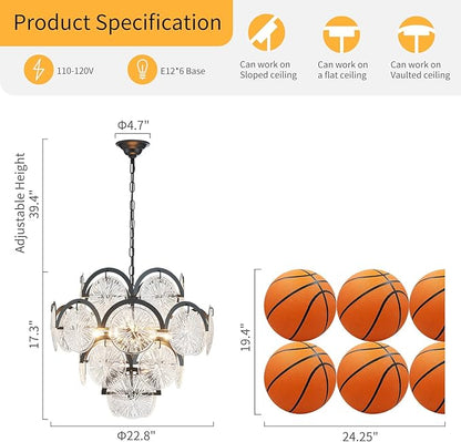 WUZUPS 6-Light Round Crystal Chandelier Pendant Ceiling Light Modern Lighting Fixture for Bedroom Hallway Bar Kitchen Bathroom, H 17.3" W 22.8", E12 Base, Black
