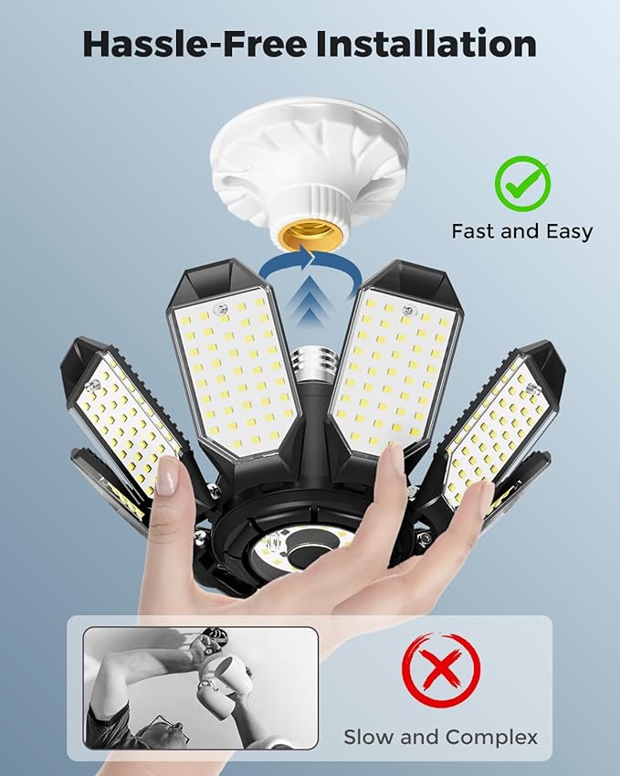 Adiding LED Garage Ceiling Lights 56000Lm 4 Pack w/ 8 Adjustable Panels, Super Bright Deformable Basement Lighting Fixture Screw in E26 Bulb Socket for Indoor Workshop, Attic, Storage, Bay, Home Gym