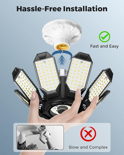 Adiding LED Garage Ceiling Lights 2 Pack w/ 8+1 Adjustable Panel, Super Bright 28000LM Deformable Basement Light Bulb Fixture Screw in E26 Socket Base for Indoor Workshop Attic Gym Bay Laundry Utility