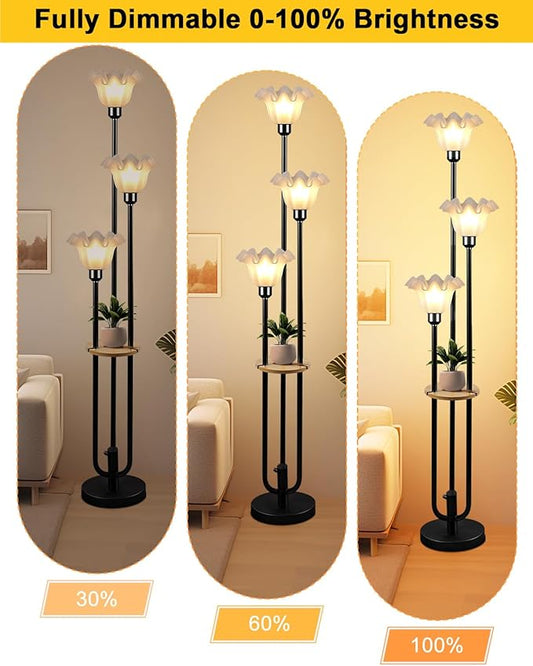 Flower Floor Lamp for Living Room, Dimmable Vintage Floor Lamp with Shelf & LED Bulbs, 3 Light 3000K Warmwhite Mid Century Black Floral Tall Standing Lamp with 5Lbs Heavy Base for Bedroom