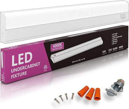 6 Pack Hardwired LED Under Cabinet Lighting - 16 Watt, 24", Dimmable, CRI>90, 4000K (Cool White), Wide Body, Long Lasting Metal Base with Frost Lens