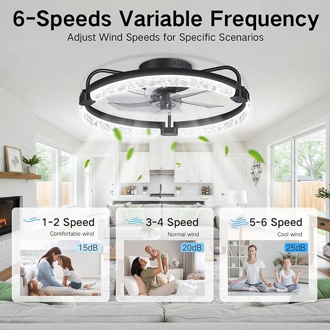 OUTON 20" Fandelier Low Profile Ceiling Fan with Light, Remote & App Control, Flush Mount Ceiling Fan with 3000K-6500K Stepless Dimmable, 6 Speed, Quiet DC Motor, Small Modern Fans for Bedroom