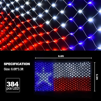 Leisure world 384 LED Texas Flag Net Lights – 6.6ft x 3.3ft, 8 Modes, Waterproof, Super Bright for 250th Anniversary, 4th of July, Christmas Party & Holiday Decorations