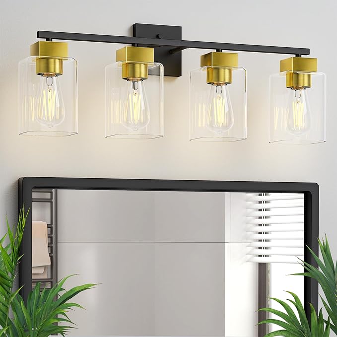 4 Light Bathroom Vanity Light - Black and Brushed Gold Bathroom Light Fixtures UL Certification, Square Light Fixture Over Mirror, Farmhouse Light Fixtures for Bathroom & Bedroom