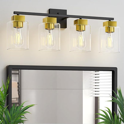 4 Light Bathroom Vanity Light - Black and Brushed Gold Bathroom Light Fixtures UL Certification, Square Light Fixture Over Mirror, Farmhouse Light Fixtures for Bathroom & Bedroom
