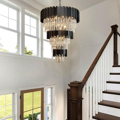 Large 8-Tier Crystal Chandeliers, 24in Black Crystal Chandelier, Luxury Round Adjustable Height Chandelier Lighting Fixture for High Ceiling, Entryway, Foyer