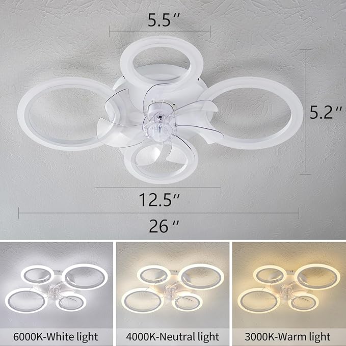 26" White Geometric Circular Ceiling Fan with Lights Remote Control, 3 Colors 6 Speeds Low Profile Ceiling Fan with Light for Kitchen Bedroom