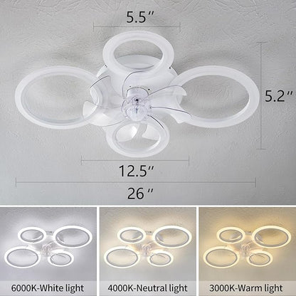 26" White Geometric Circular Ceiling Fan with Lights Remote Control, 3 Colors 6 Speeds Low Profile Ceiling Fan with Light for Kitchen Bedroom