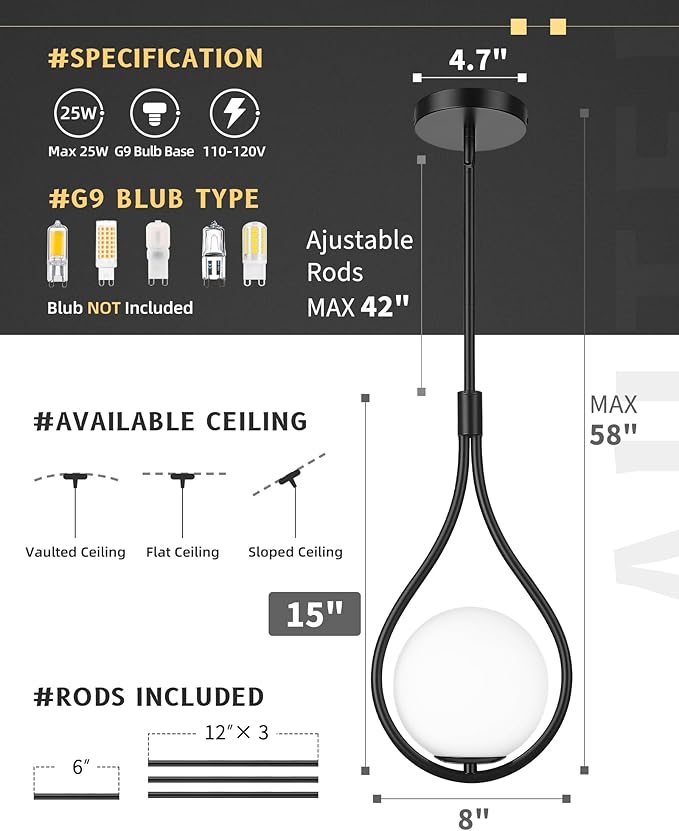 AUTELO 2 Pack Pendant Lights Kitchen Island, Modern Pendant Lights in Black Finish with Milky White Globe Glass, Black Pendant Light Fixtures, 1-Light Hanging Lamp for Kitchen Island H9377 MGBK-2PK