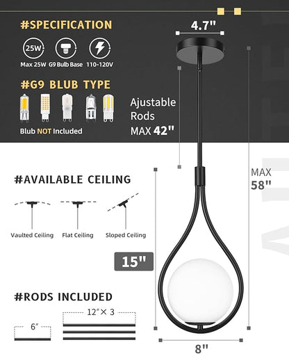 AUTELO 2 Pack Pendant Lights Kitchen Island, Modern Pendant Lights in Black Finish with Milky White Globe Glass, Black Pendant Light Fixtures, 1-Light Hanging Lamp for Kitchen Island H9377 MGBK-2PK