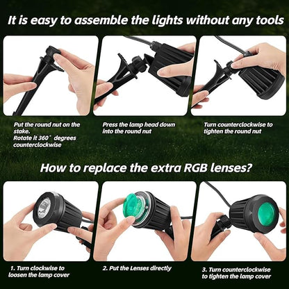 Spotlight Outdoor – 120V Plug-in, 2700K Warm White LED Landscape Spot Lights with RGB 3 Lenses for Yard, Garden, Lawn&Tree Decor, IP67 Waterproof, Perfect for Holidays&Everyday (4 Pack, Black)