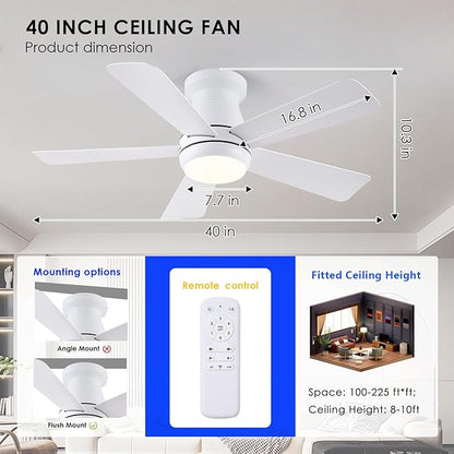 Hounberi Ceiling Fans with Light and Remote,40" White Flush Mount Ceiling Fan with Dimmable LED,6 Speeds DC Reversible,Timer, Noiseless, Indoor Low Profile Ceiling Fans for Bedroom,Kitchen