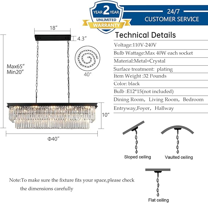 Weesalife Crystal Chandeliers for Dining Room Light Fixtures Over Table，15-Lights Black Modern Rectangle Chandeliers for Kitchen Island Bar L40 Inch