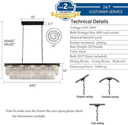 Weesalife Crystal Chandeliers for Dining Room Light Fixtures Over Table，15-Lights Black Modern Rectangle Chandeliers for Kitchen Island Bar L40 Inch