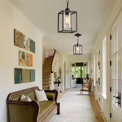 2 Pack Farmhouse Pendant Light,Black Metal Frame Hanging Light Fixture with Clear Glass Shade, Adjustable Chains Industrial Mini Pendant Lighting for Kitchen Island Entryway Porch Foyer