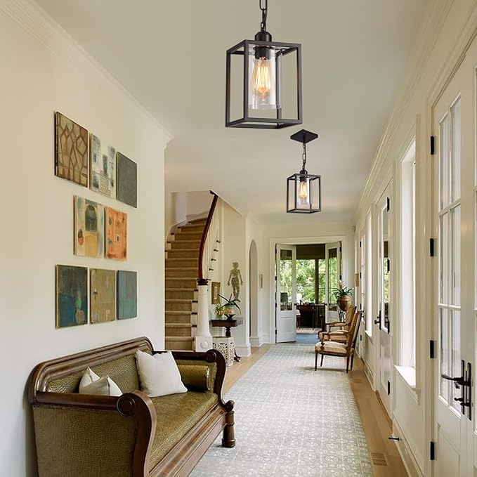 3 Pack Farmhouse Pendant Light,Black Metal Frame Hanging Light Fixture with Clear Glass Shade, Adjustable Chains Industrial Mini Pendant Lighting for Kitchen Island Entryway Porch Foyer