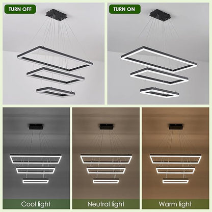 Benkut 3 Rings Modern LED Chandelier Black 31.5inch Rectangle Dimmable LED Pendant Light with Remote Control 3 Tier Flush Mount High Ceiling Light for Dining Living Room Foyer(3000K-6500K, H71)