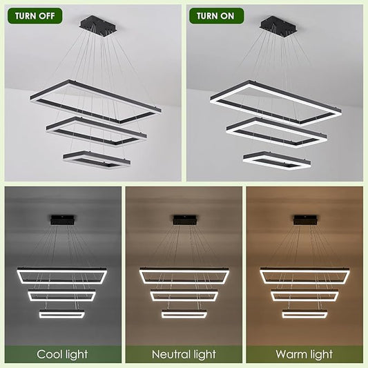 Benkut 3 Rings Modern LED Chandelier Black 31.5inch Rectangle Dimmable LED Pendant Light with Remote Control 3 Tier Flush Mount High Ceiling Light for Dining Living Room Foyer(3000K-6500K, H71)
