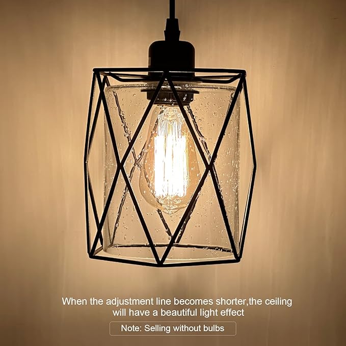 Black Pendant Light Over Table Cage Blown Clear Seeded Glass Farmhouse Hanging Light Fixture Industrial Adjustable Cord for Kitchen Island Dining Room Above Sink