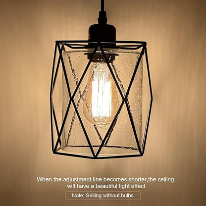 Black Pendant Light Over Table Cage Blown Clear Seeded Glass Farmhouse Hanging Light Fixture Industrial Adjustable Cord for Kitchen Island Dining Room Above Sink