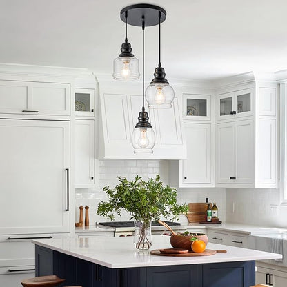 WILON Pendant Light Fixtures, 3 Light Pendant Lighting for Kitchen Island Industrial Hanging Pendant Lighting with Seeded Glass Shade, Black Glass Pendant Light for Dining Room Kitchen Island
