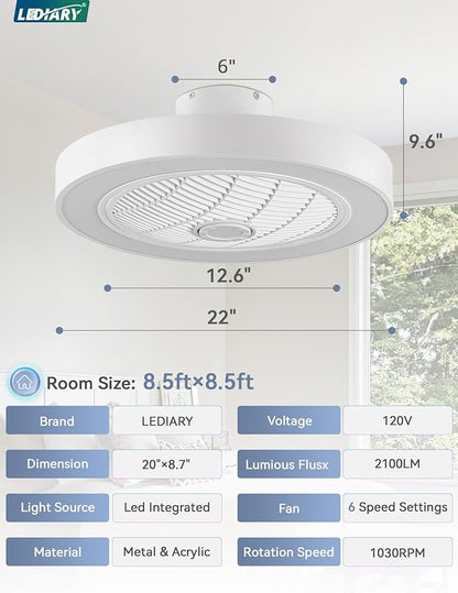 LEDIARY 22 Inch Low Profile Ceiling Fans with Lights, Led Bladeless Ceiling Fan, Remote Control Enclosed Flush Mount Ceiling Fan with Timming, 3000-6000K, 6 Wind Speed-White RGB