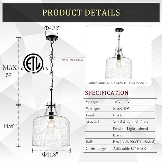 CATINER 12" Black Seeded Glass Pendant Light, Modern Farmhouse Hanging Ceiling Light Fixture for Kitchen Island, Dining Room, Hallway, Hand-Blown Bubble Glass Shade, E26 Dimmable Pendant Lighting