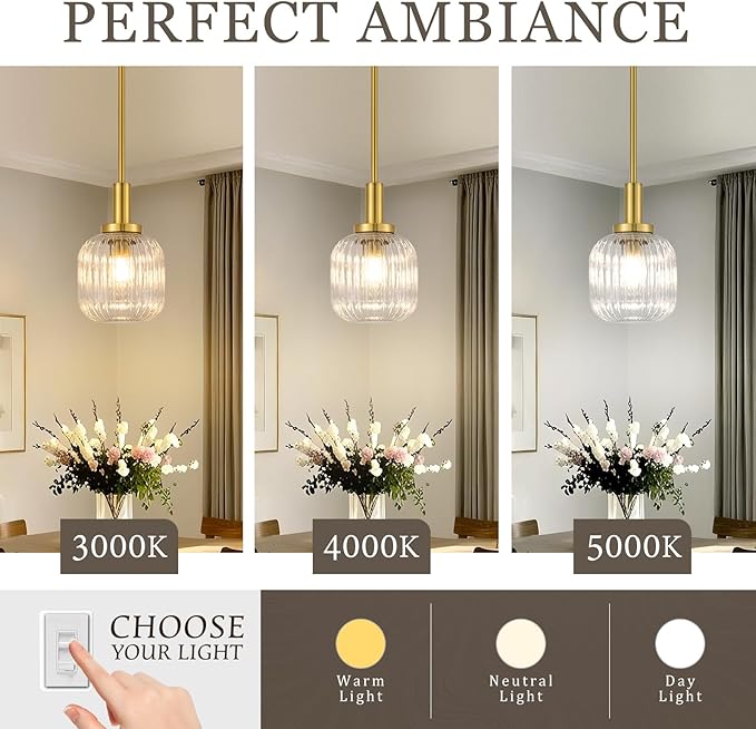 Brushed Gold Pendant Lights Kitchen Island, 1-Light 5.9" Modern Glass Pendant Light with Clear Glass and Rods, Mini Hanging Lighting for Kitchen Sink Bathroom Bedroom, OS-YQ7749-1PBG