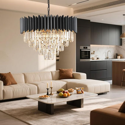 24" Modern Black Crystal Chandeliers 5-Tier 10 Lights Ceiling Light Fixture K9 Crystal Hanging Pendant Ceiling Light for Dining Room Living Room Bedroom Entryway