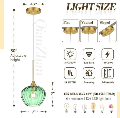 Green Glass Pendant Light, 7 Inch Modern Gold Pendant Lighting Vintage Ceiling Fixtures Mini Hanging Lamp for Kitchen Island Dining Room Restaurant Sink Foyer Entryway