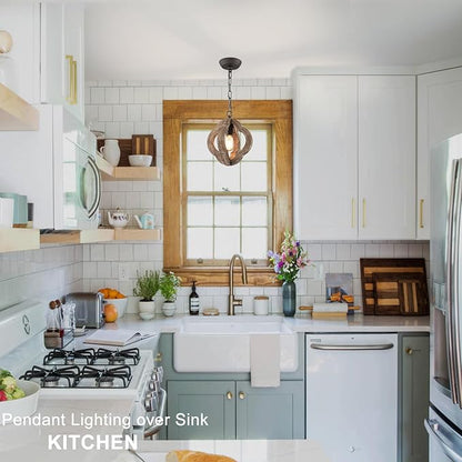 9.84" Modern Farmhouse Wood Pendant Lights Kitchen Island Small Orb Distressed Oak Pendant Light Rustic Ceiling Hanging Light for Kitchen Over Sink Hallway Entryway Foyer Adjustable Chain E26