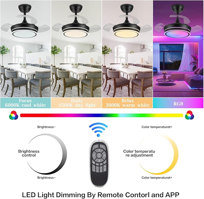30" RGB Retractable Fandelier Ceiling Fan Dimmable Chandelier Ceiling Fans with Lights and Remote APP Control for Living Dinning Room Bedroom Black