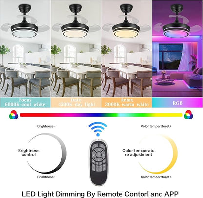 30" RGB Retractable Fandelier Ceiling Fan Dimmable Chandelier Ceiling Fans with Lights and Remote APP Control for Living Dinning Room Bedroom Black