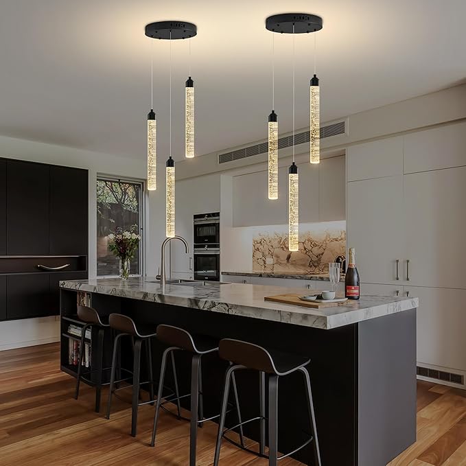 Crystal Kitchen Island Chandelier, Modern Black Spiral Dimmable LED Cluster Raindrop Foyer Chandelier Lighting, Bubble Dining Room Hanging Light Fixture 3 Light Remote Control