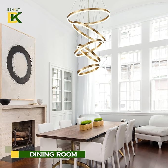 Benkut 5-Rings Modern LED Chandelier Gold High Ceiling Chandelier with Remote Control Dimmable Pendant Lighting for Dining Room Foyer Living Room Entryway Staircase(3000K-6500K, D23.6in)