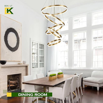 Benkut 5-Rings Modern LED Chandelier Gold High Ceiling Chandelier with Remote Control Dimmable Pendant Lighting for Dining Room Foyer Living Room Entryway Staircase(3000K-6500K, D23.6in)